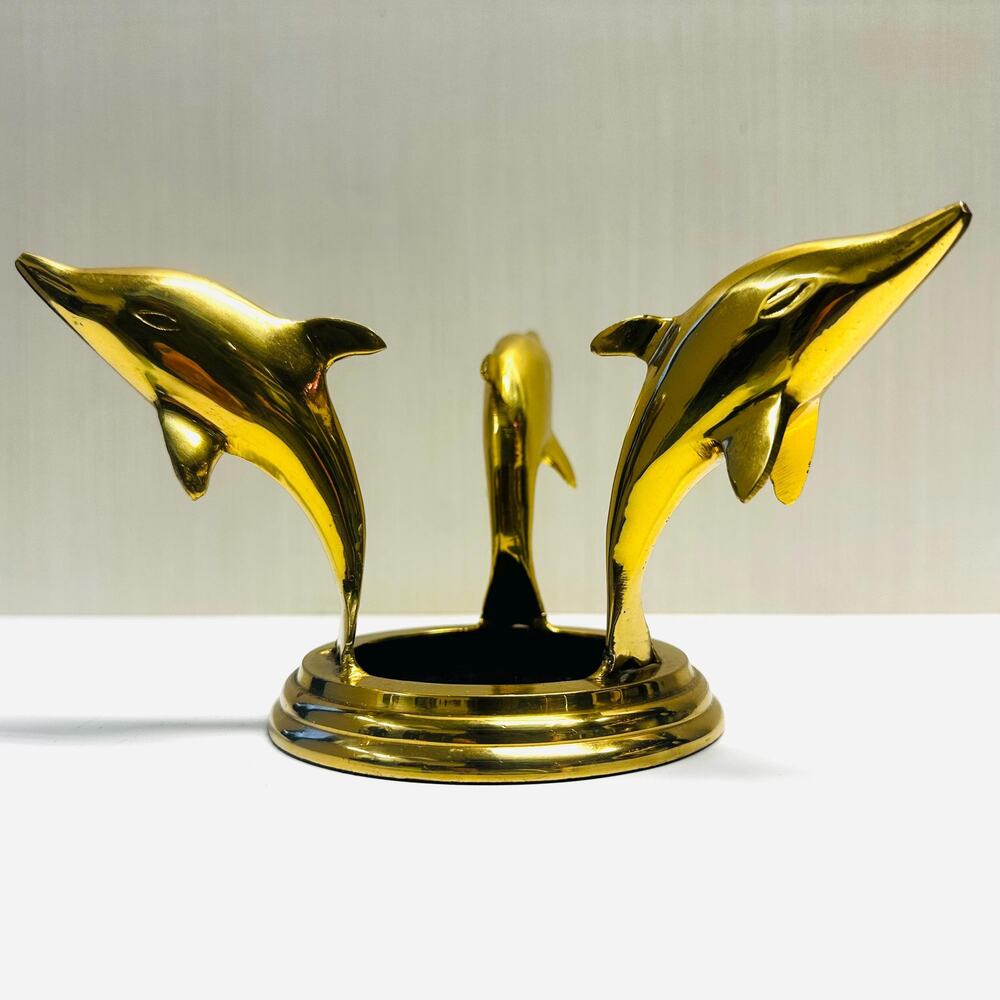 Vintage Crystal Accents Solid Brass Three Dolphins Base Stand India